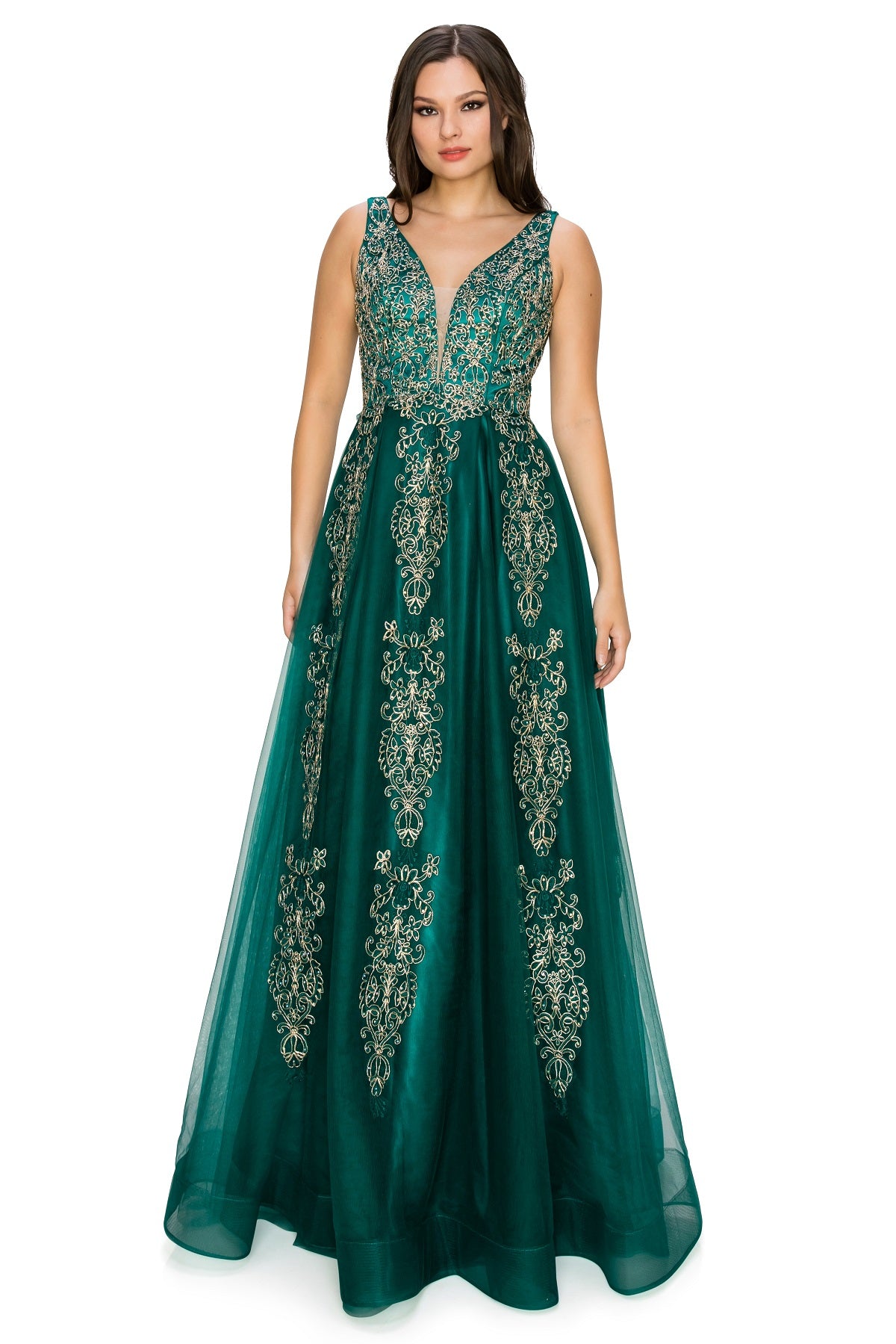 Elegant Gold Embroidered Tulle A-Line Gown - 8029J