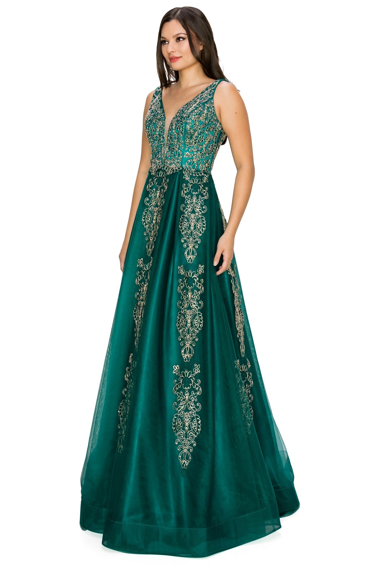 Elegant Gold Embroidered Tulle A-Line Gown - 8029J