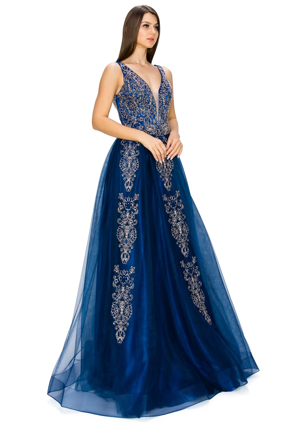 Elegant Gold Embroidered Tulle A-Line Gown - 8029J