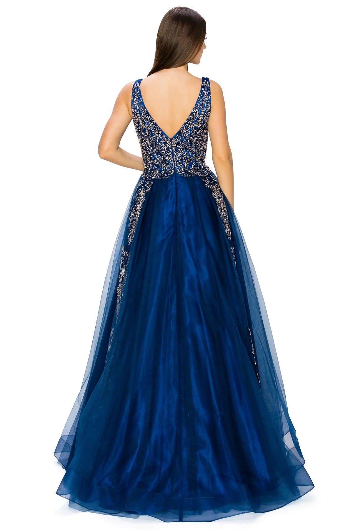 Elegant Gold Embroidered Tulle A-Line Gown - 8029J