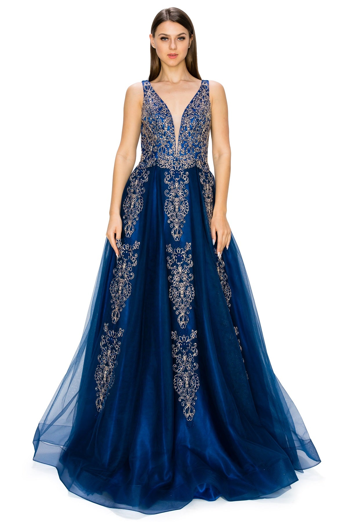 Elegant Gold Embroidered Tulle A-Line Gown - 8029J
