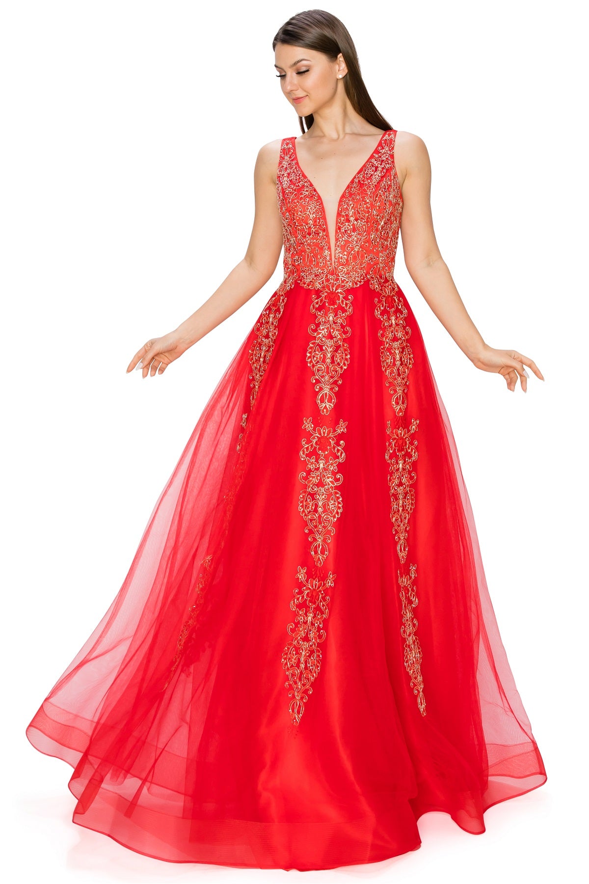 Elegant Gold Embroidered Tulle A-Line Gown - 8029J