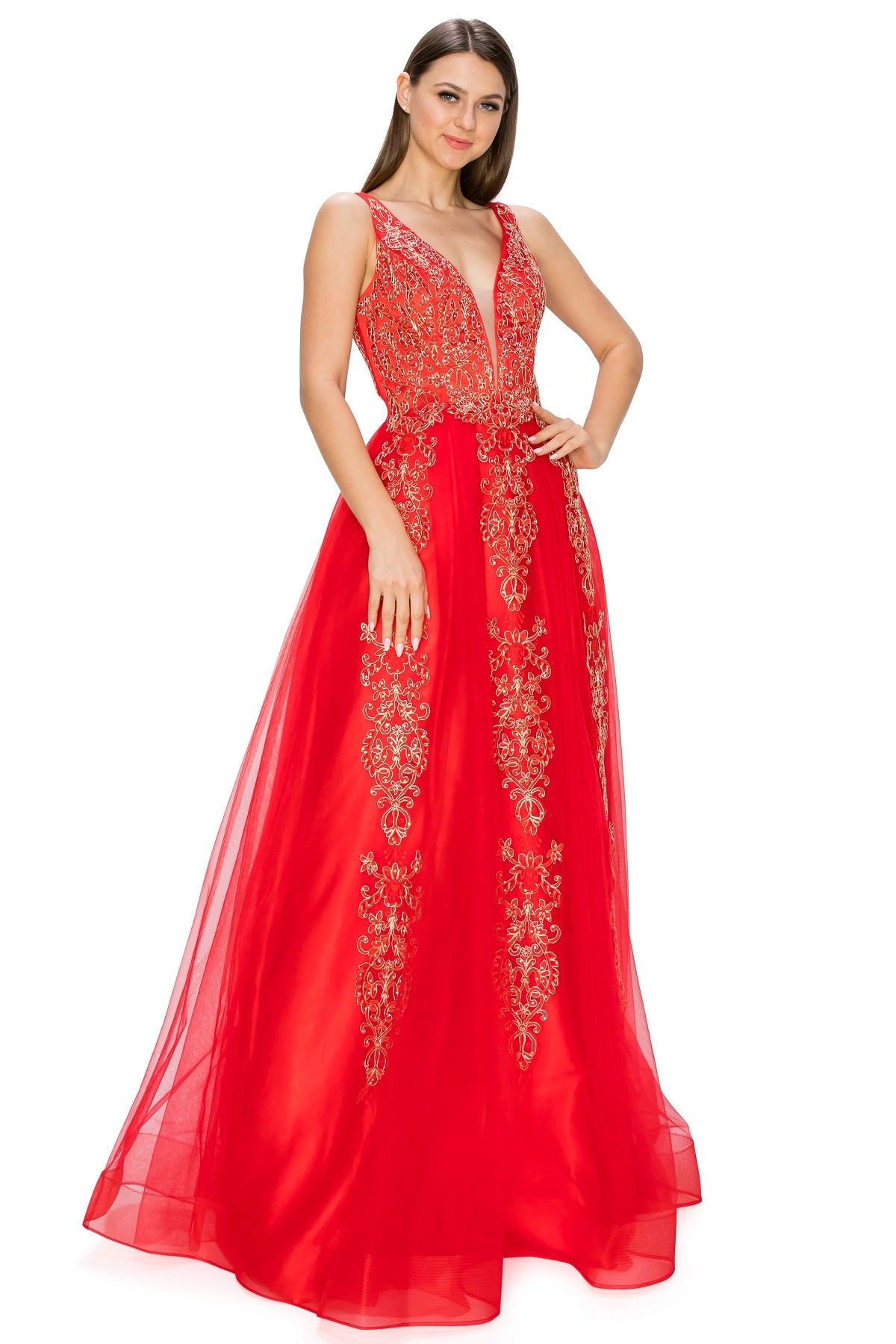 Elegant Gold Embroidered Tulle A-Line Gown - 8029J