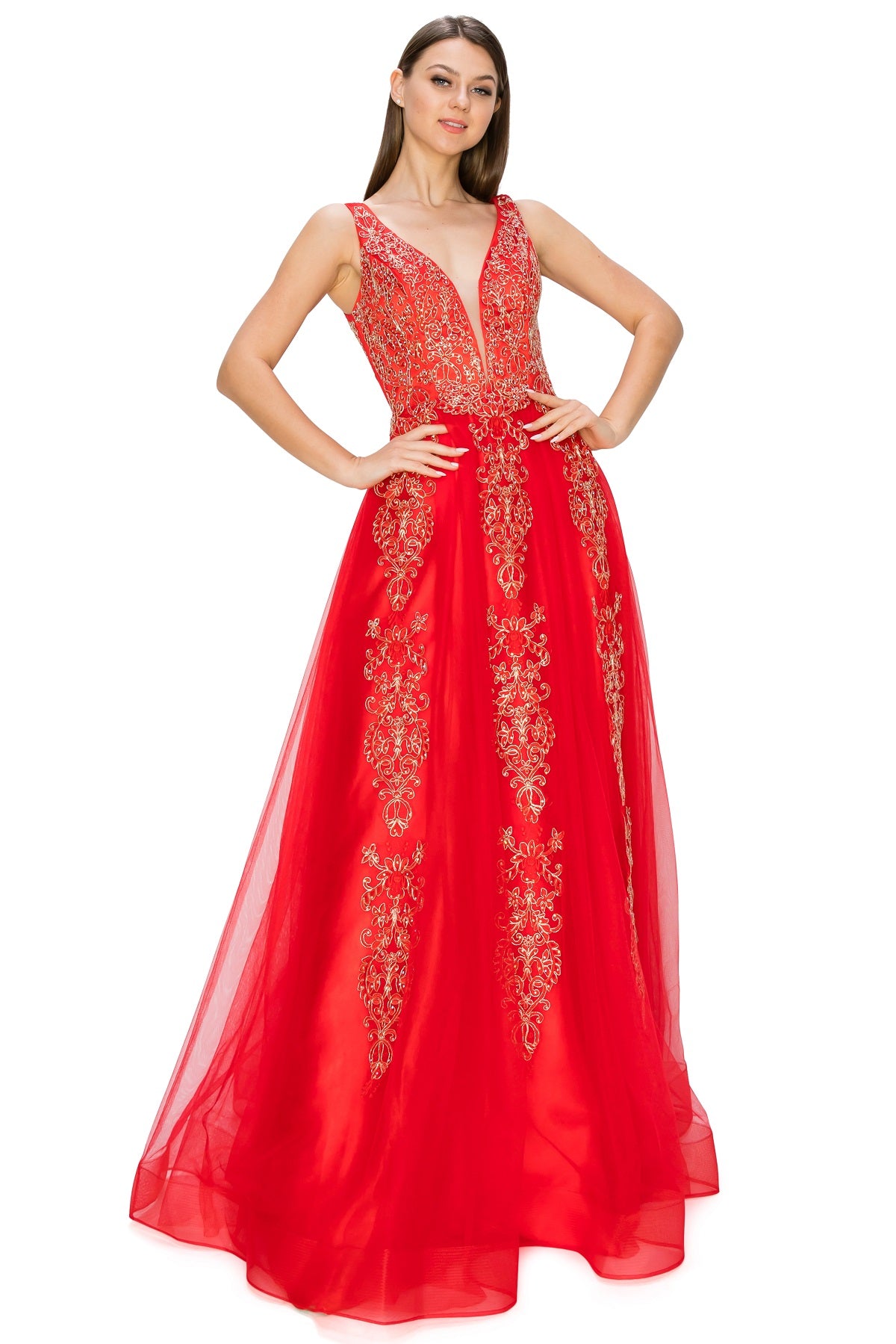 Elegant Gold Embroidered Tulle A-Line Gown - 8029J
