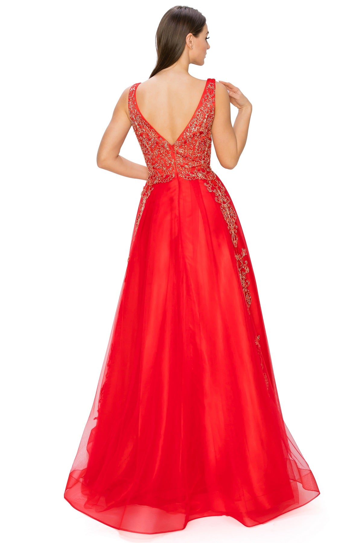 Elegant Gold Embroidered Tulle A-Line Gown - 8029J