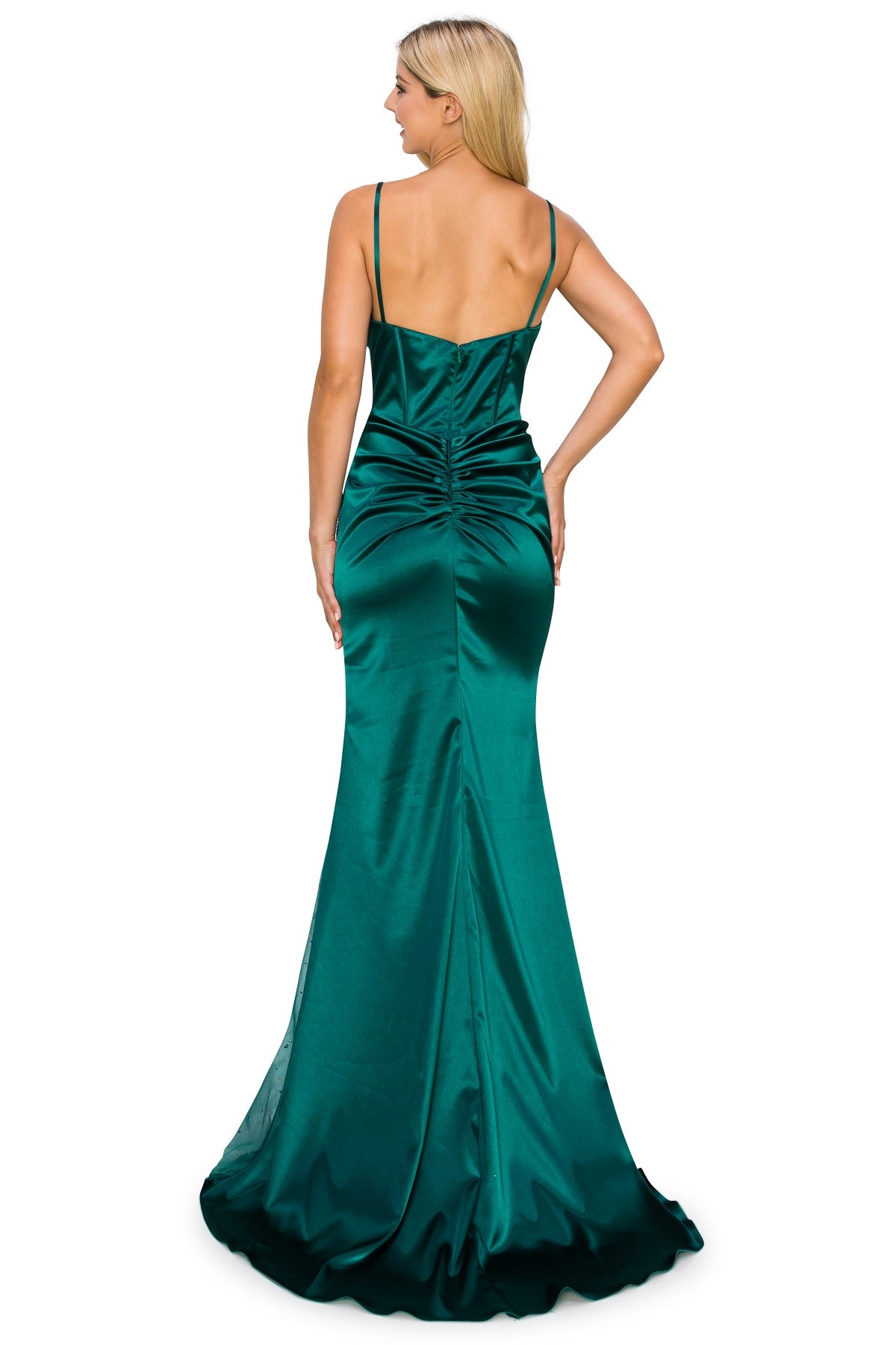 Embellished Satin Corset Gown with Sheer Rhinestone Slit - 8037J