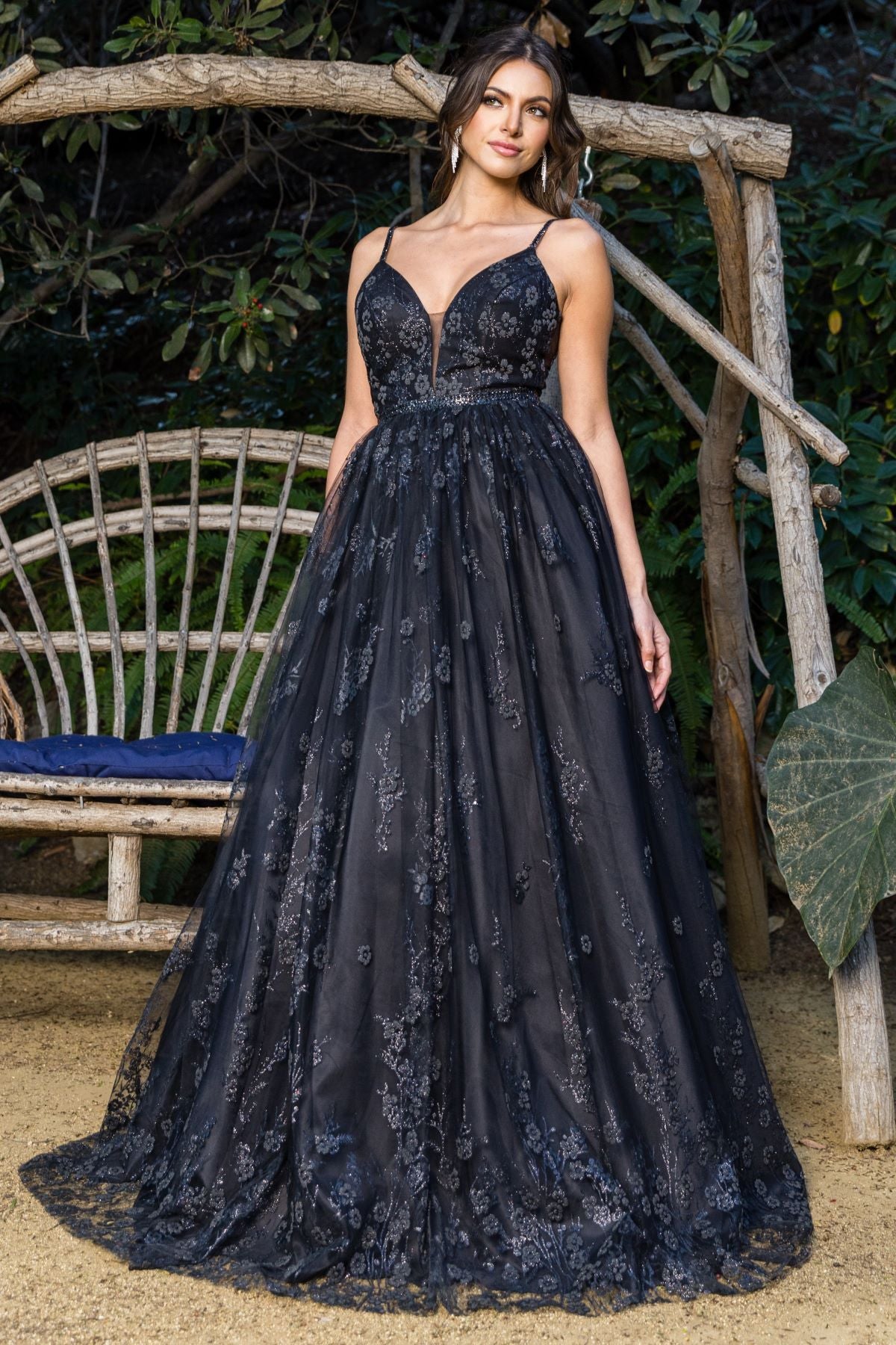 Glitter Floral A-Line Ball Gown with Corset Back - 8039J