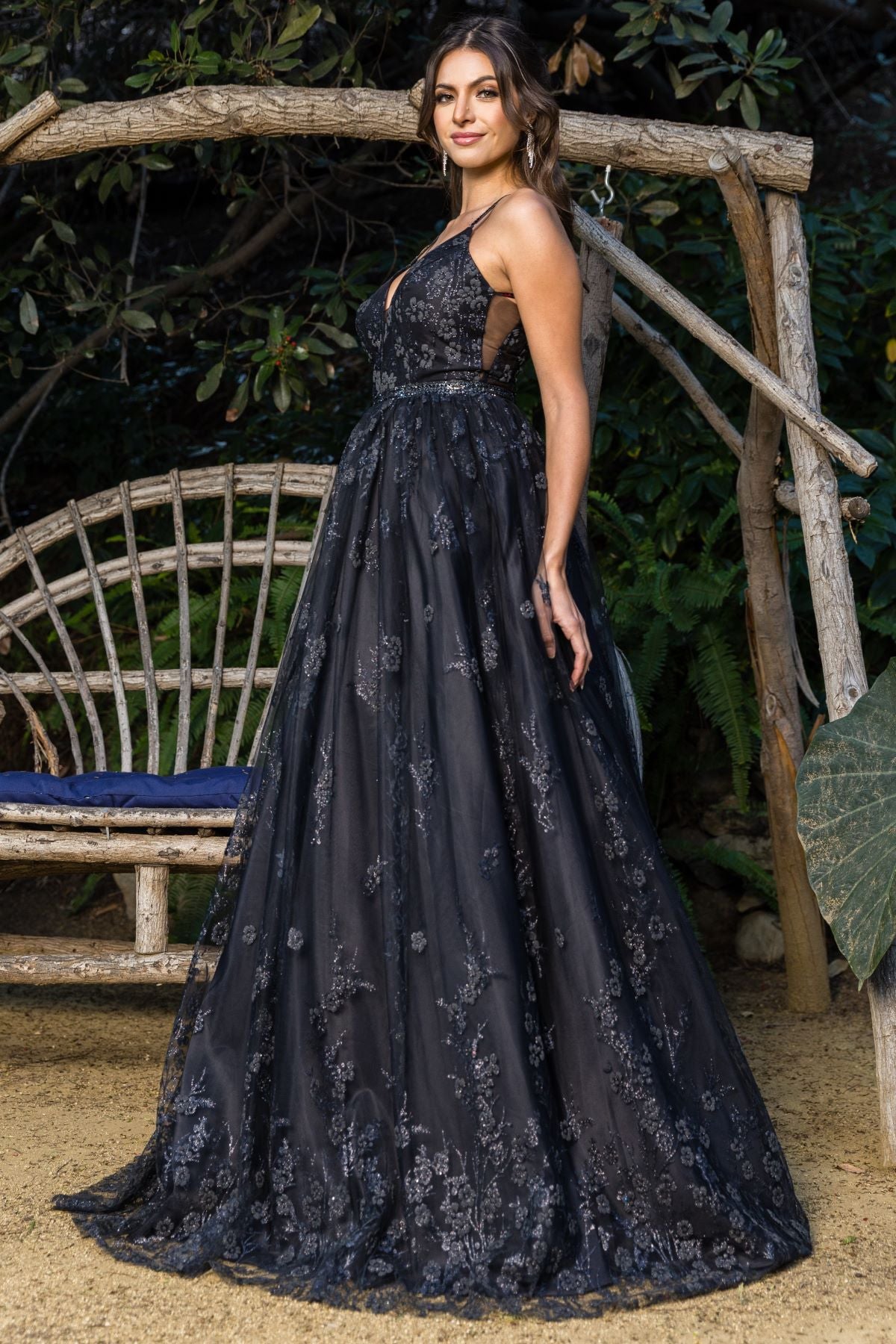 Glitter Floral A-Line Ball Gown with Corset Back - 8039J