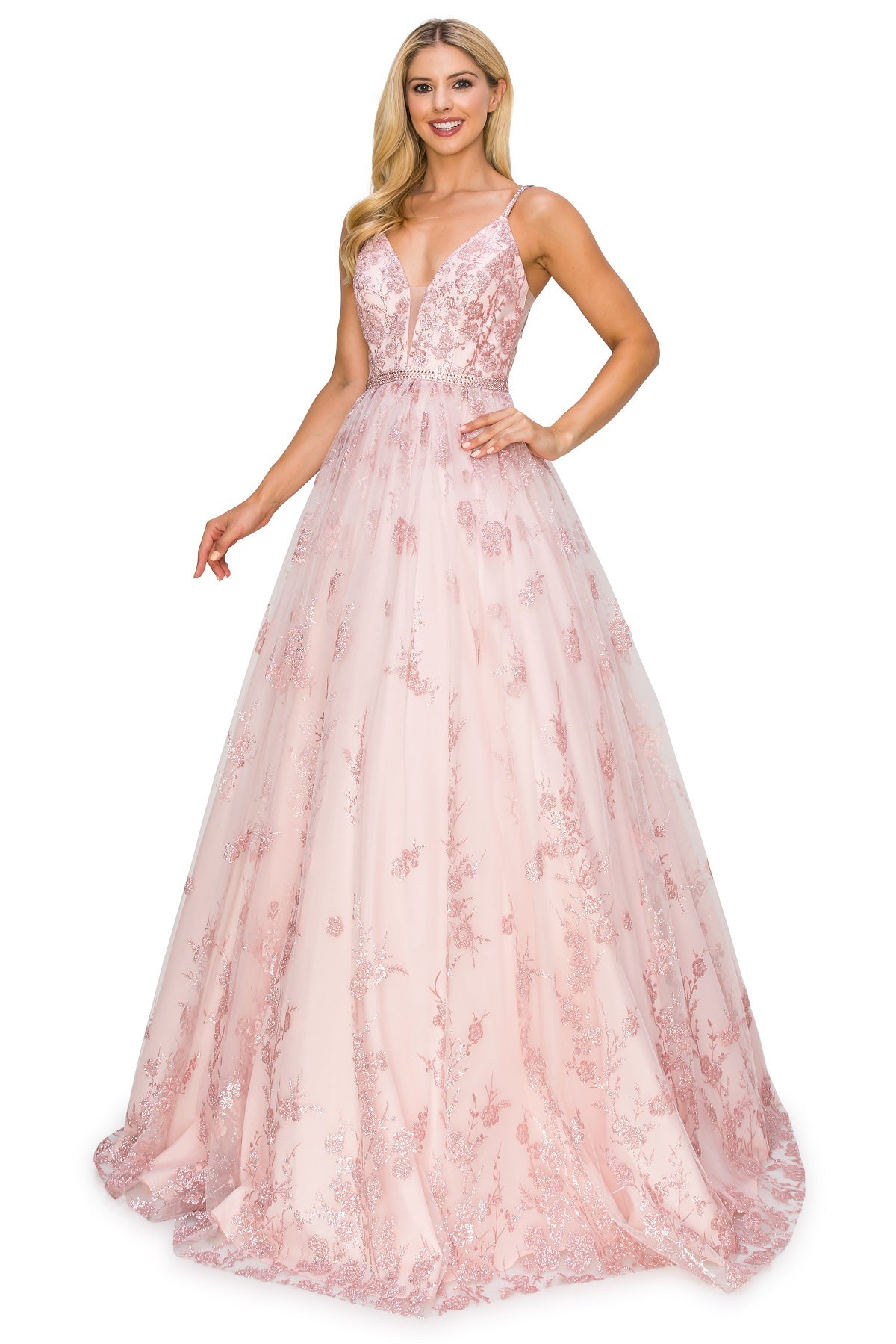 Glitter Floral A-Line Ball Gown with Corset Back - 8039J