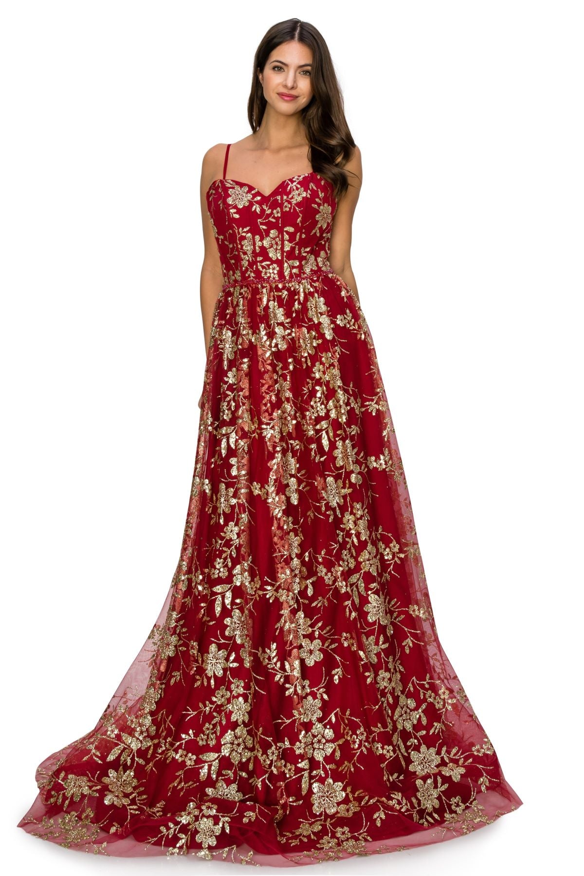 Strapless Gold Glitter Print Floral A-Line Dress - 8043J
