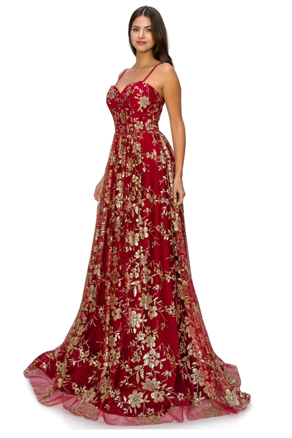 Strapless Gold Glitter Print Floral A-Line Dress - 8043J