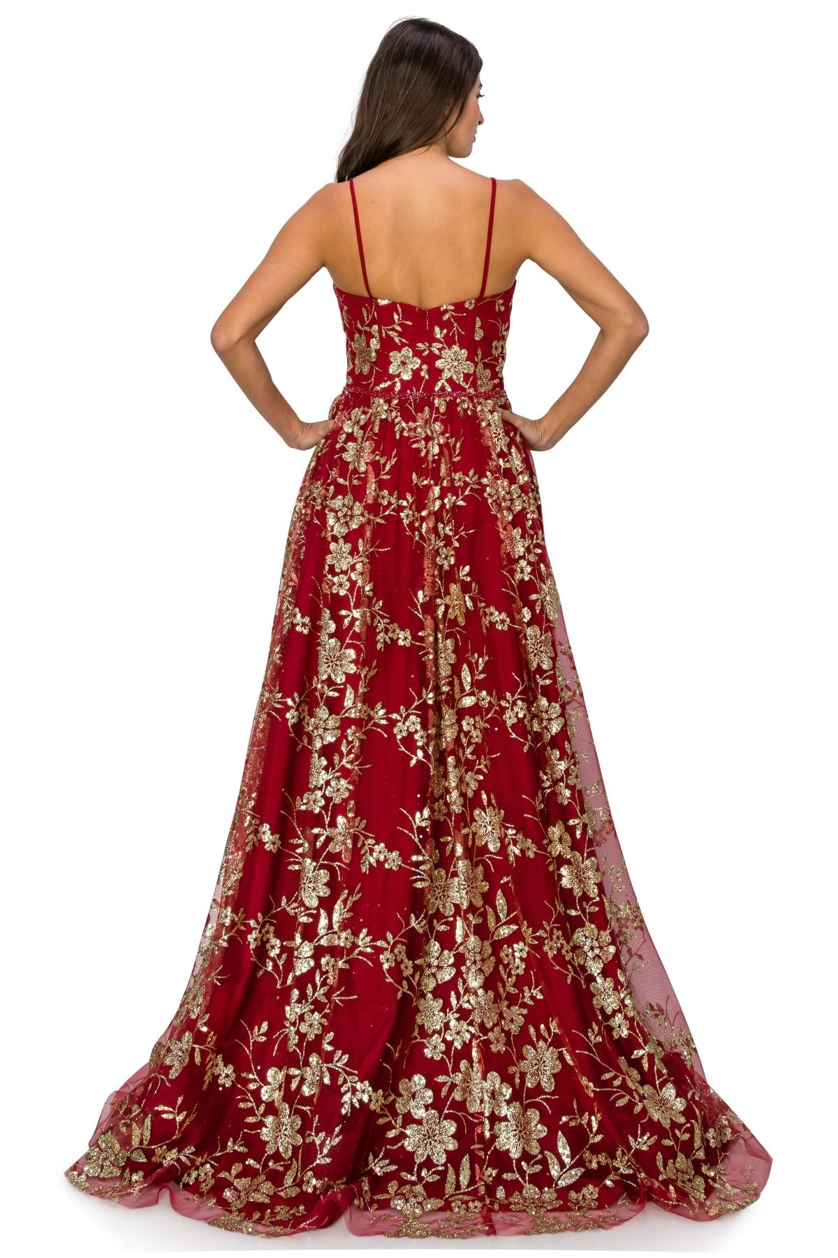 Strapless Gold Glitter Print Floral A-Line Dress - 8043J