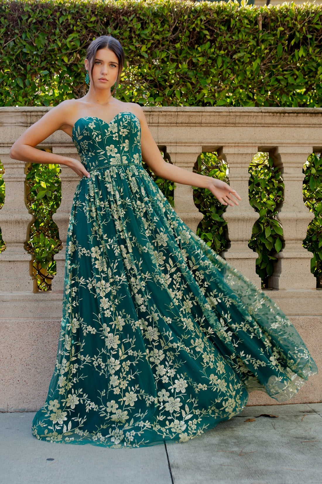 Strapless Gold Glitter Print Floral A-Line Dress - 8043J