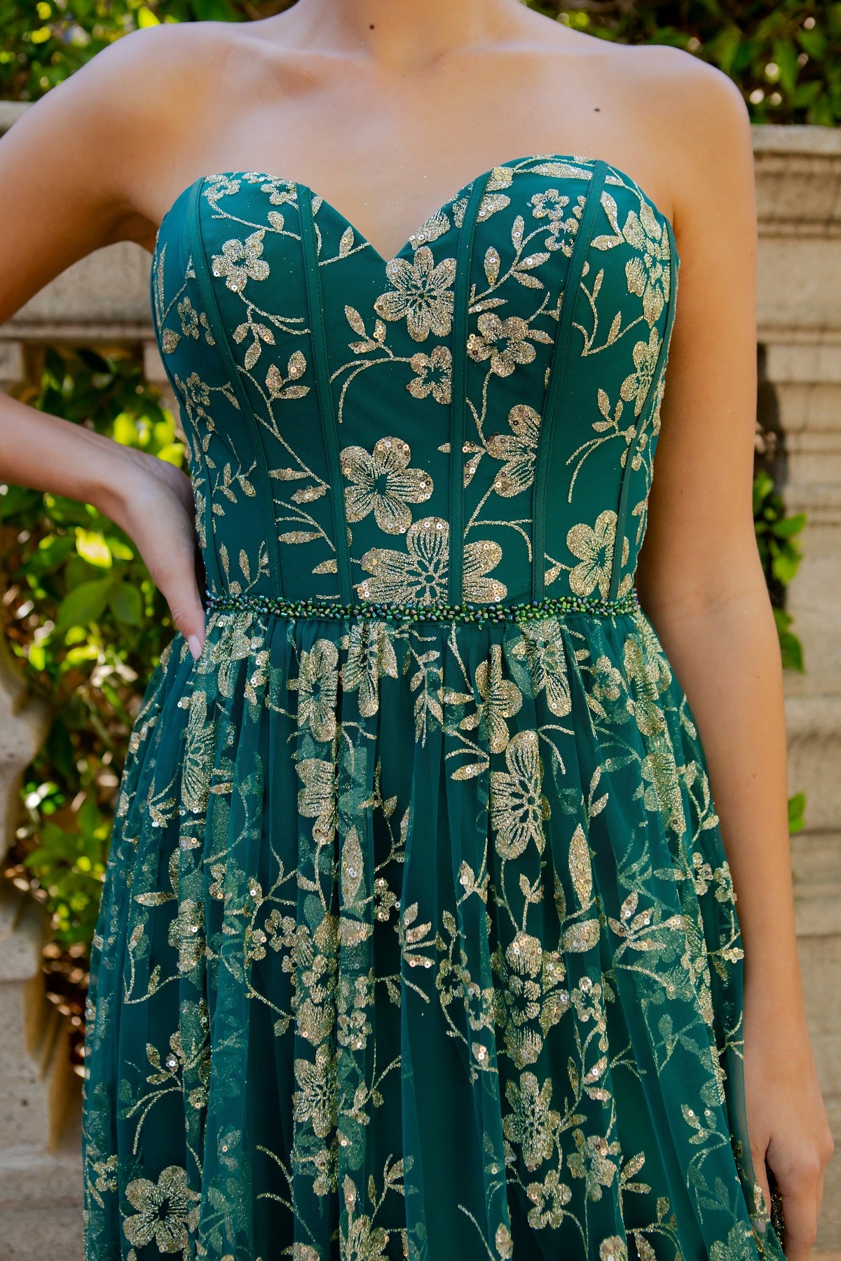 Strapless Gold Glitter Print Floral A-Line Dress - 8043J