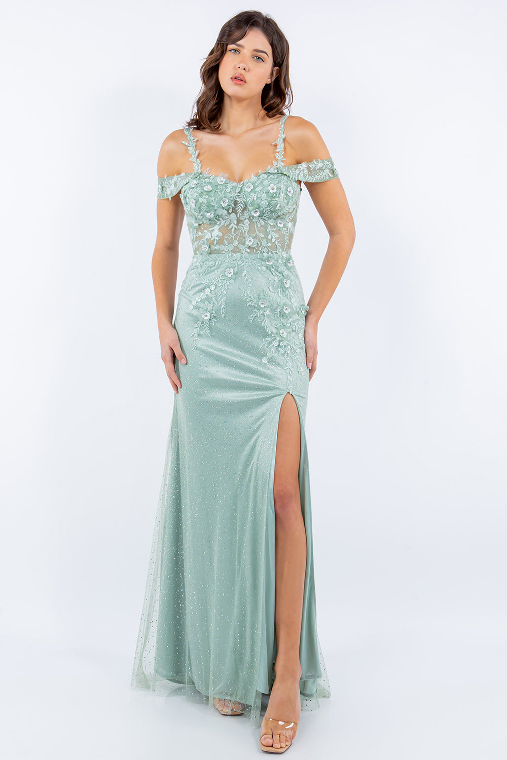 3D Floral Rhinestone Tulle Gown - 8049J