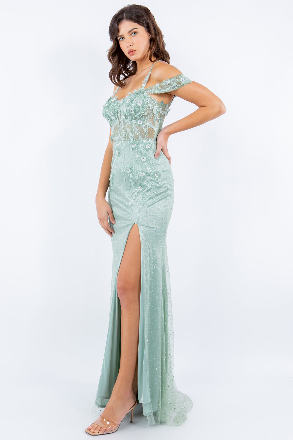 3D Floral Rhinestone Tulle Gown - 8049J