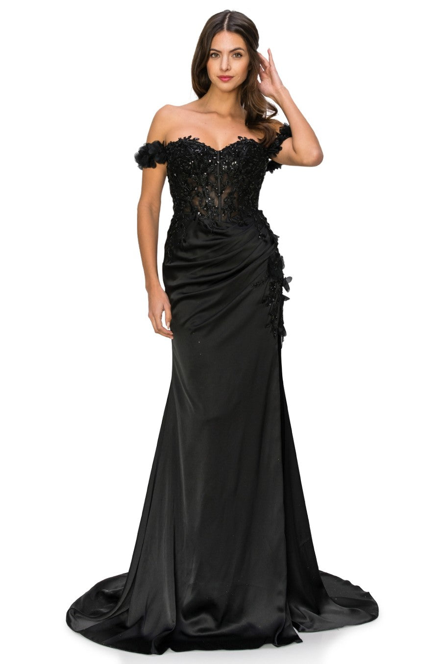 Off-Shoulder 3D Floral Gown with Side Slit - 8050J