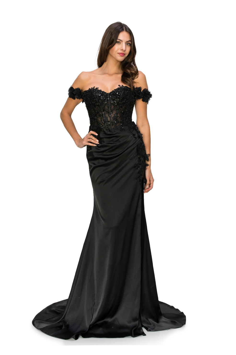 Off-Shoulder 3D Floral Gown with Side Slit - 8050J