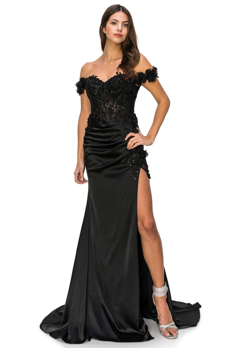 Off-Shoulder 3D Floral Gown with Side Slit - 8050J