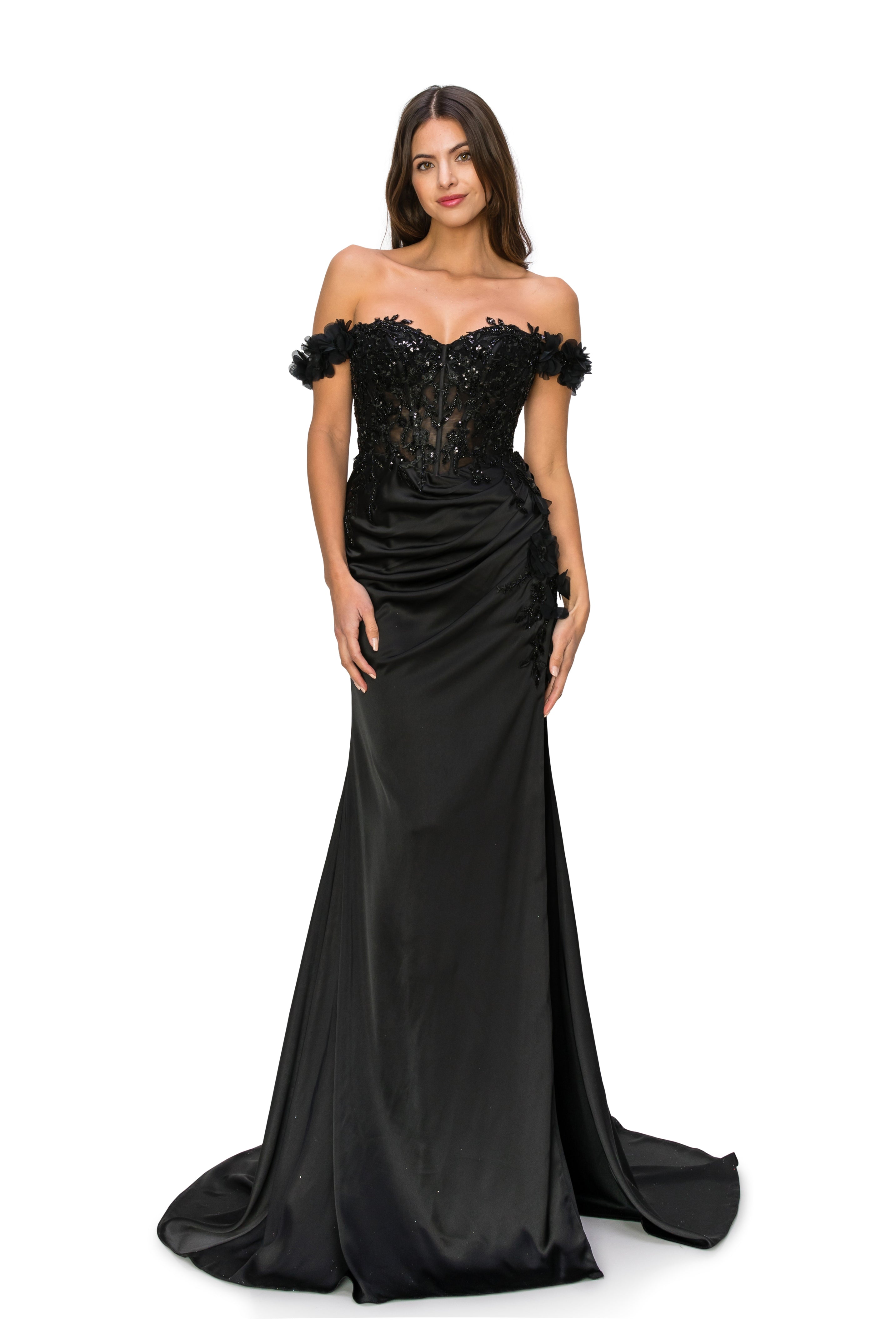 Off-Shoulder 3D Floral Gown with Side Slit - 8050J