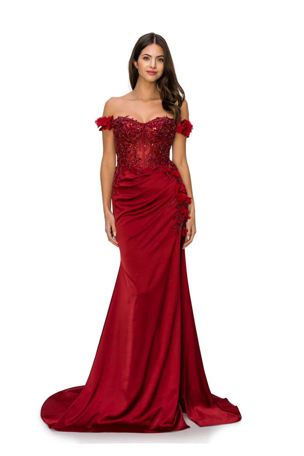 Off-Shoulder 3D Floral Gown with Side Slit - 8050J