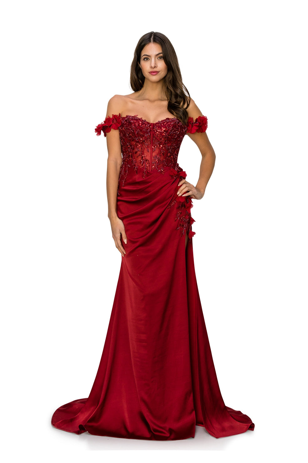 Off-Shoulder 3D Floral Gown with Side Slit - 8050J