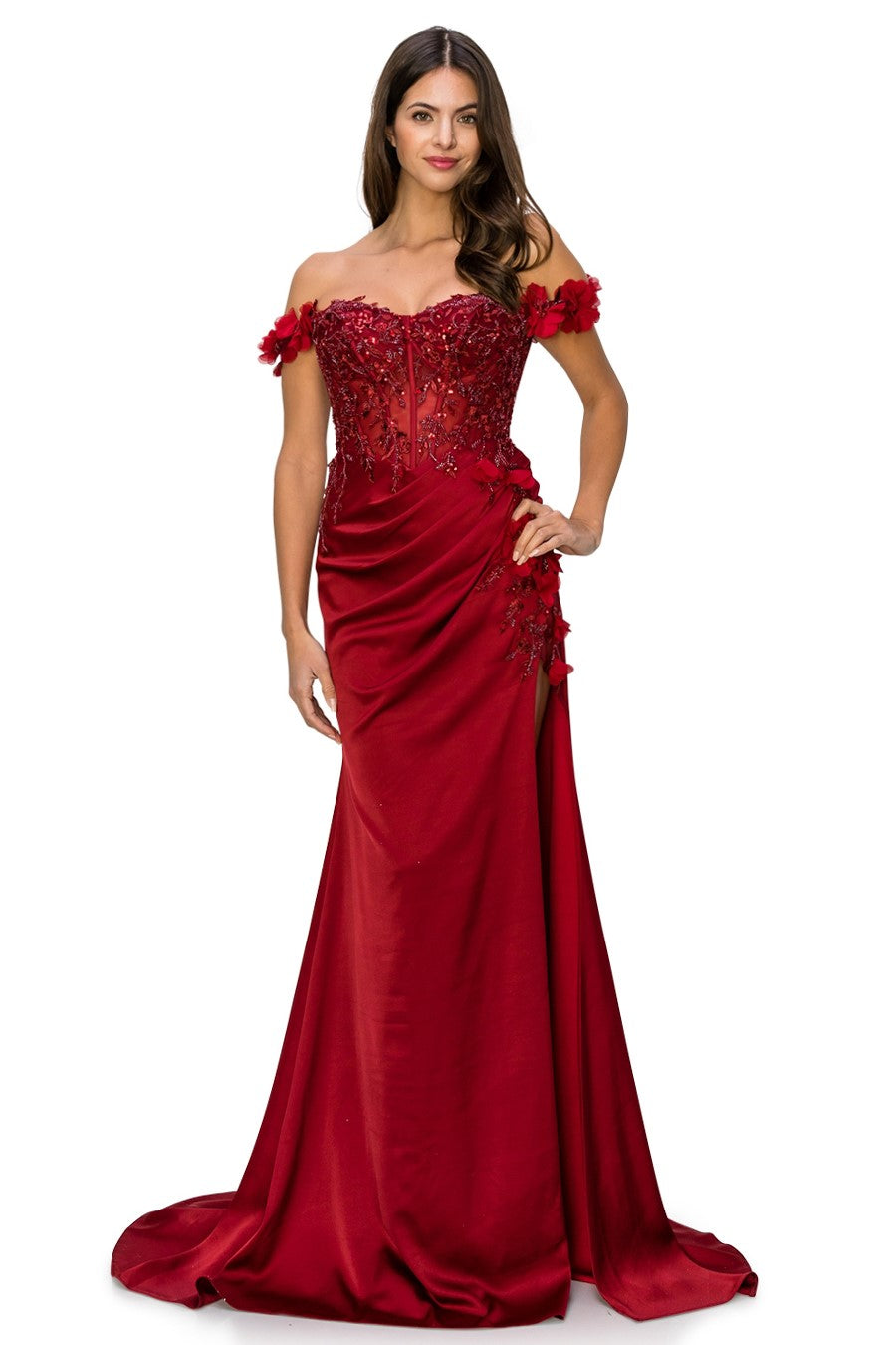 Off-Shoulder 3D Floral Gown with Side Slit - 8050J