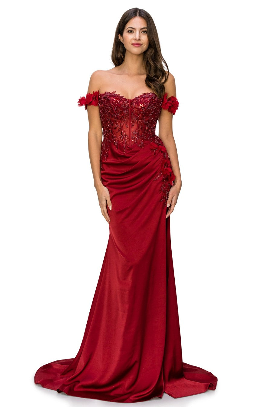 Off-Shoulder 3D Floral Gown with Side Slit - 8050J
