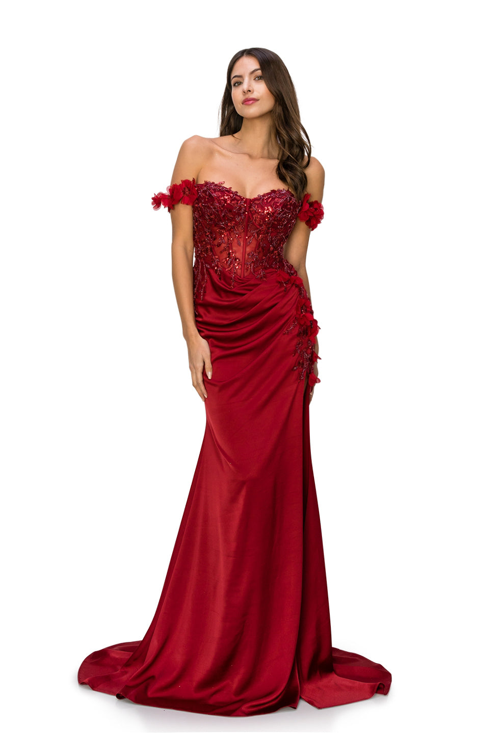 Off-Shoulder 3D Floral Gown with Side Slit - 8050J