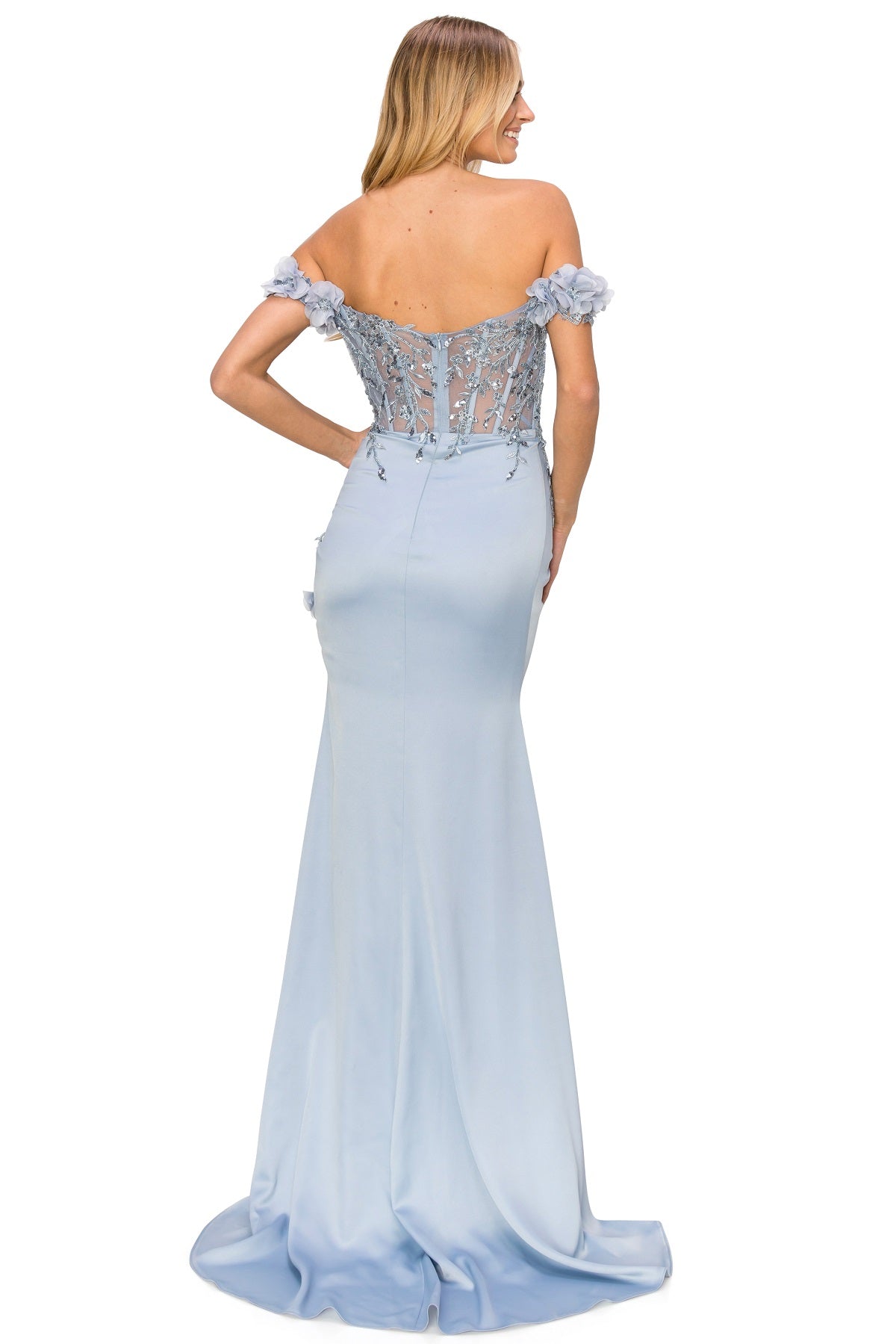 Off-Shoulder 3D Floral Gown with Side Slit - 8050J