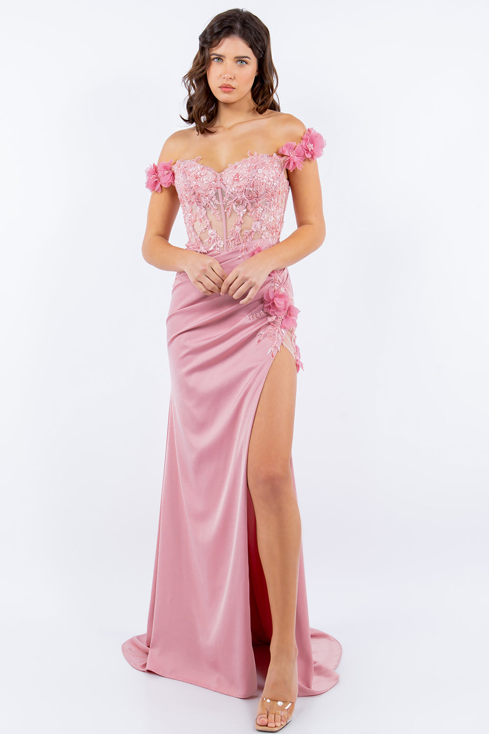 Off-Shoulder 3D Floral Gown with Side Slit - 8050J