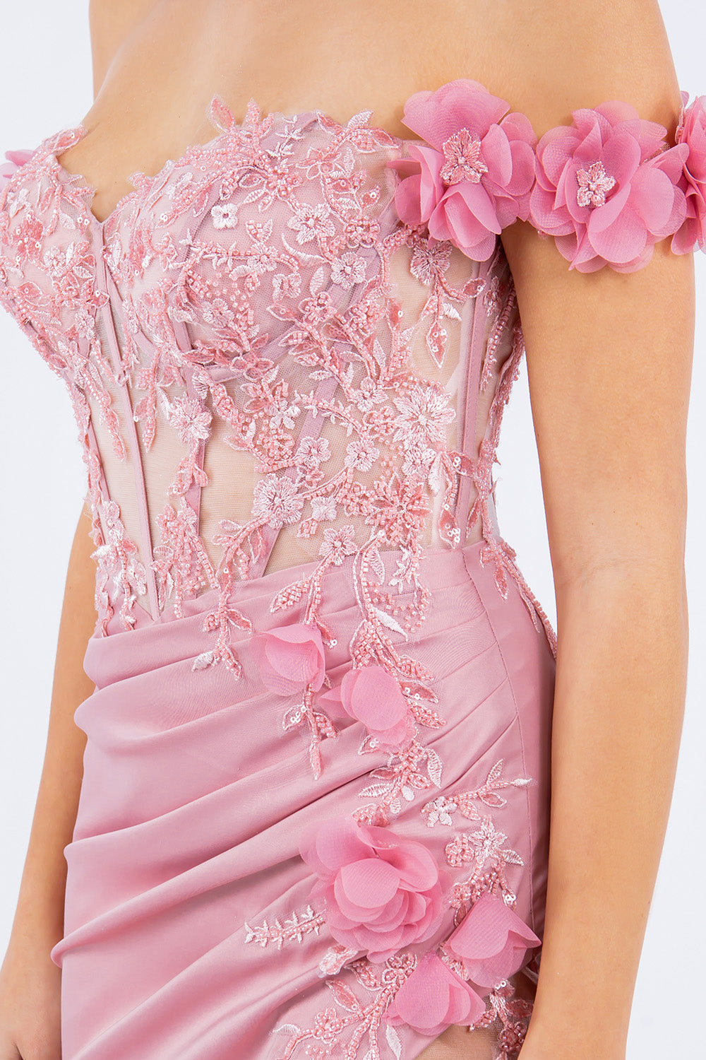 Off-Shoulder 3D Floral Gown with Side Slit - 8050J