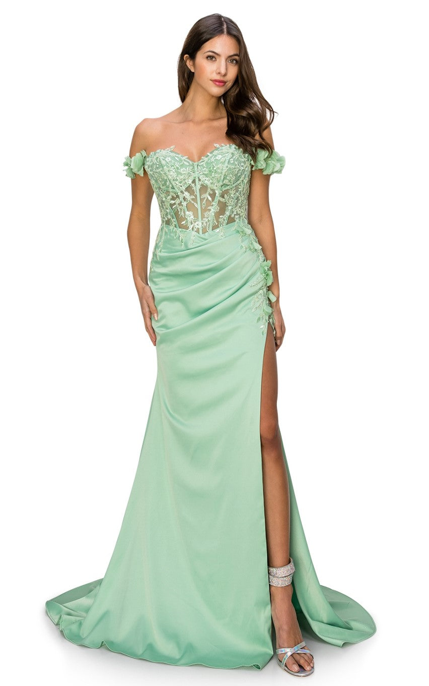 Off-Shoulder 3D Floral Gown with Side Slit - 8050J