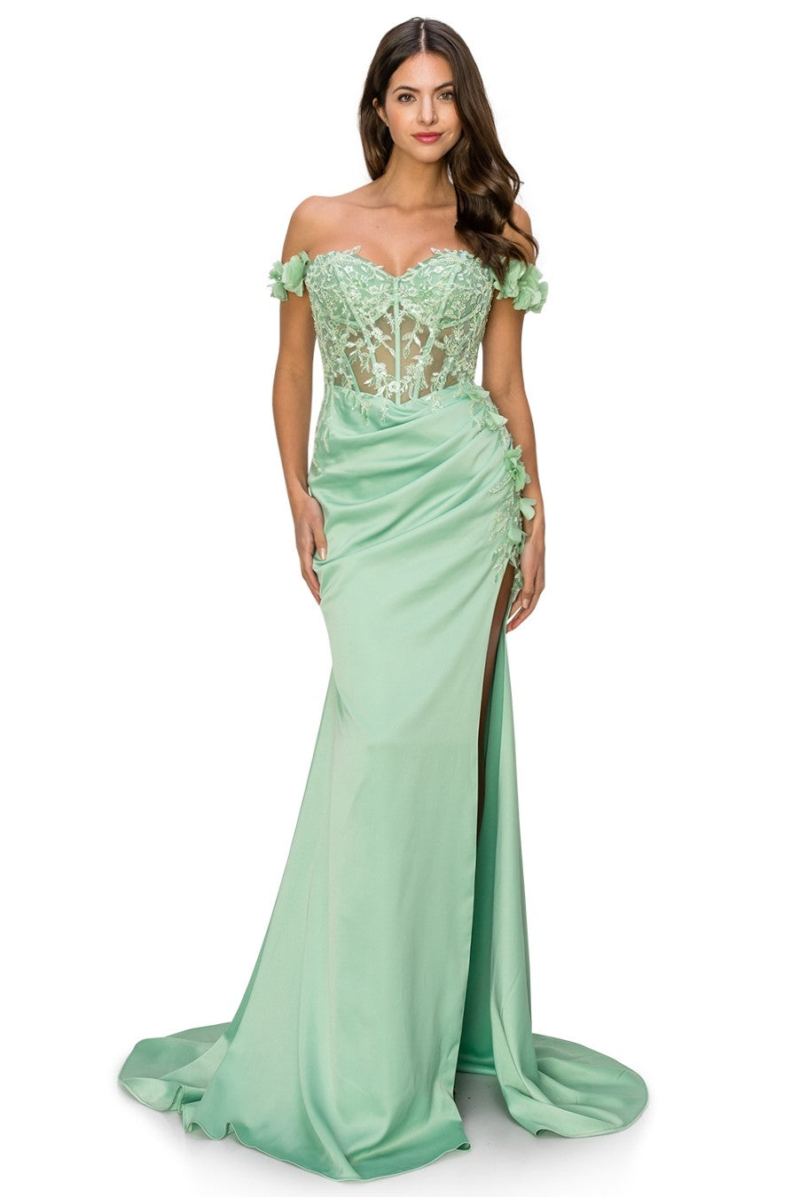 Off-Shoulder 3D Floral Gown with Side Slit - 8050J