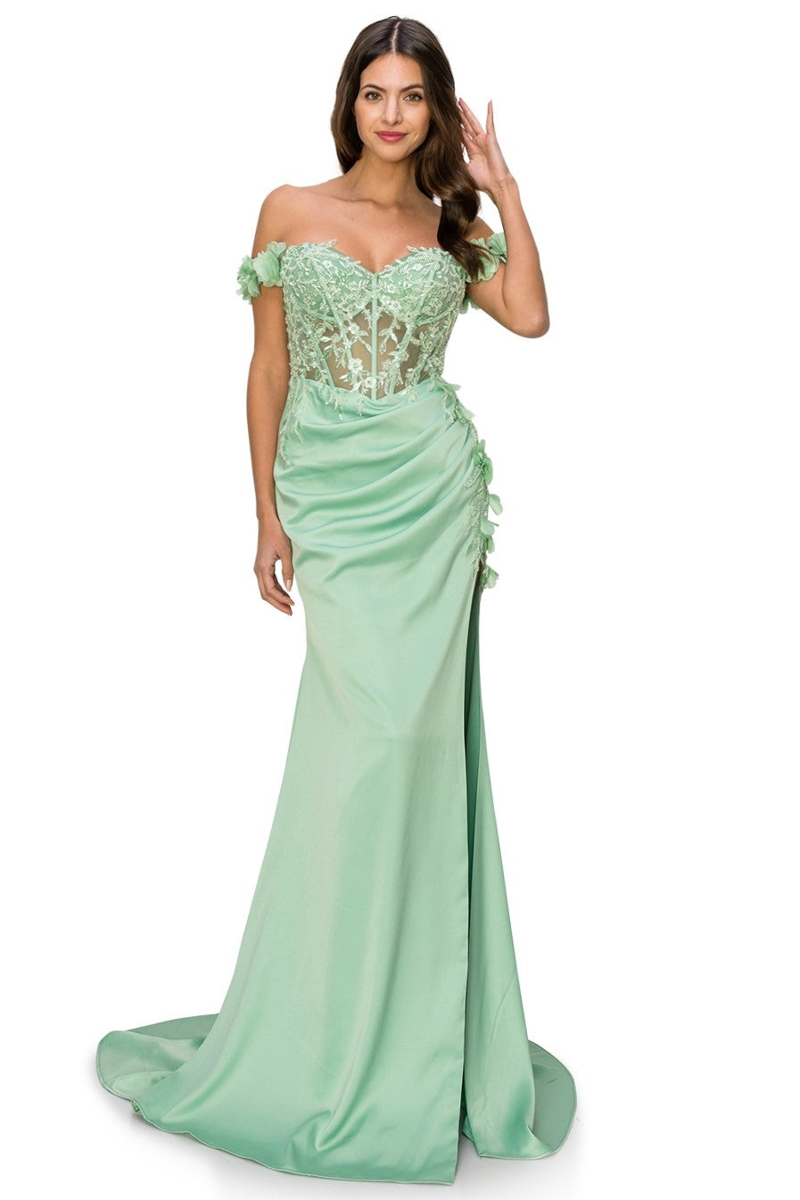 Off-Shoulder 3D Floral Gown with Side Slit - 8050J