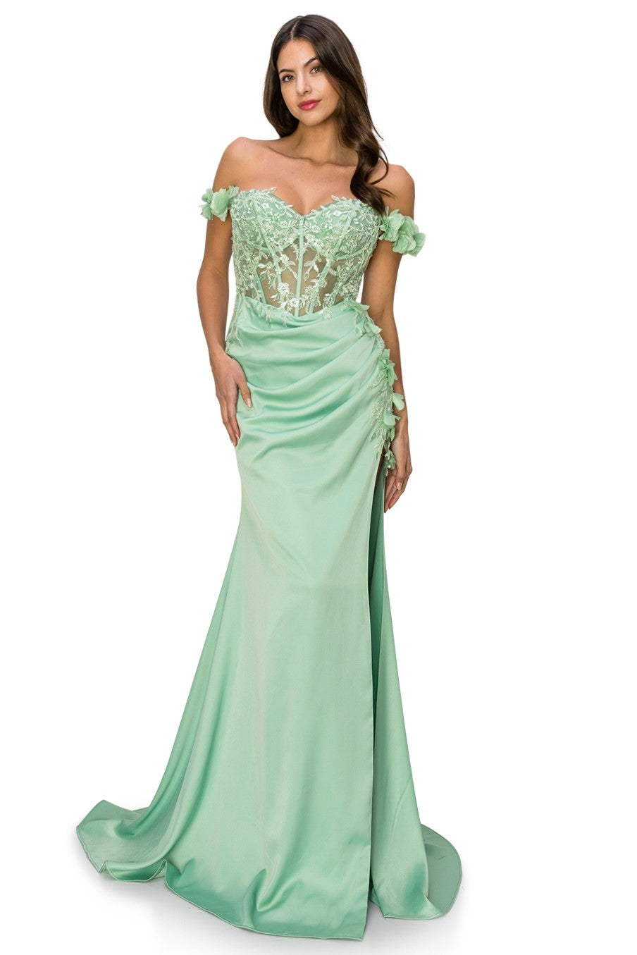 Off-Shoulder 3D Floral Gown with Side Slit - 8050J