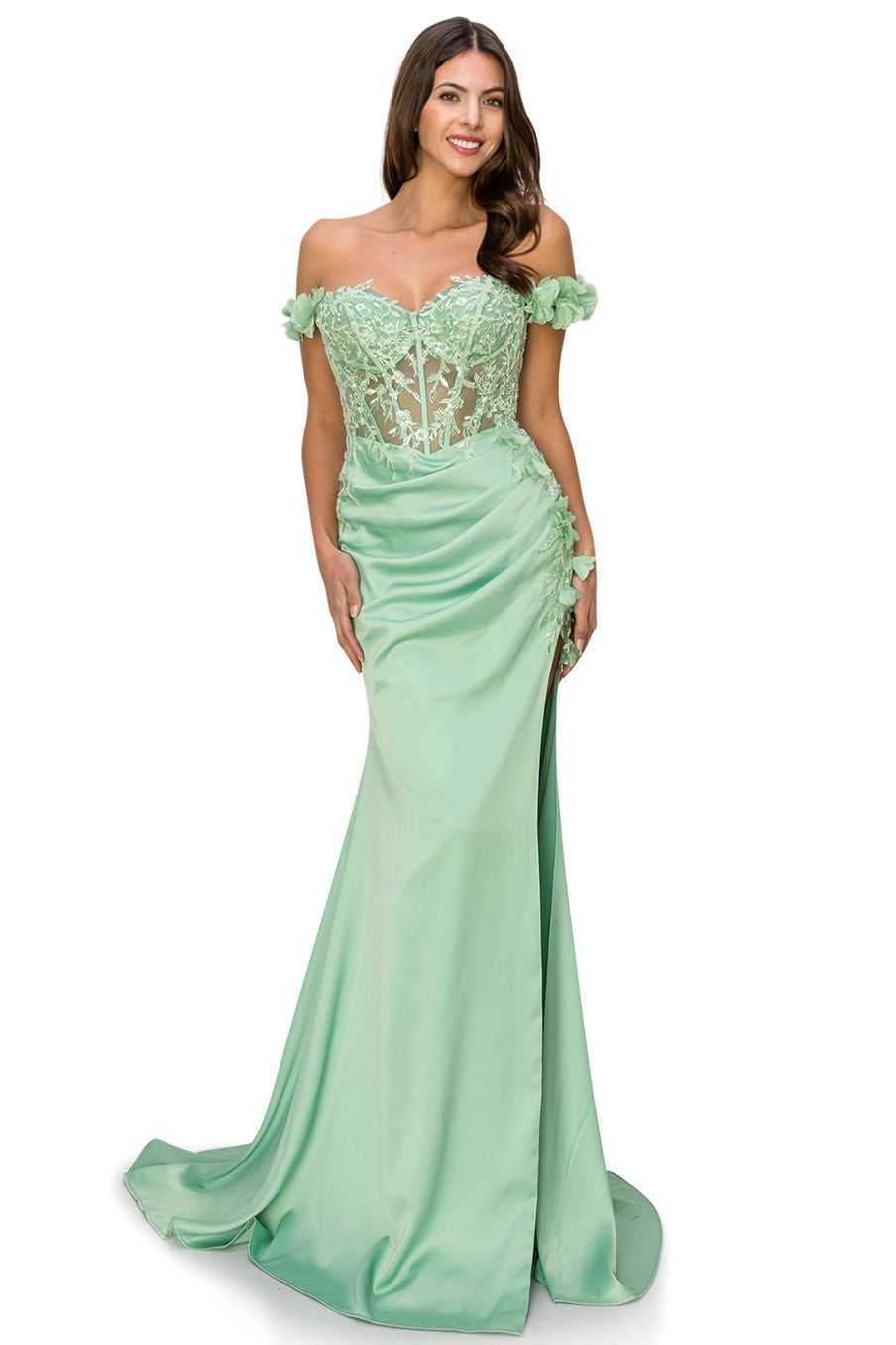 Off-Shoulder 3D Floral Gown with Side Slit - 8050J