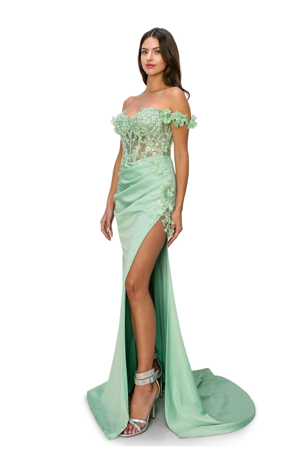 Off-Shoulder 3D Floral Gown with Side Slit - 8050J