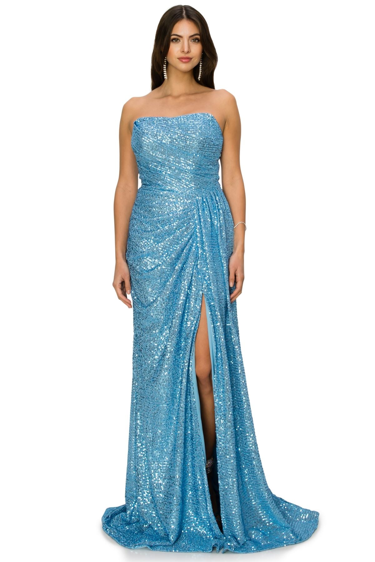 Strapless Sequin Gown with Ruched Draping and Slit - 8052J