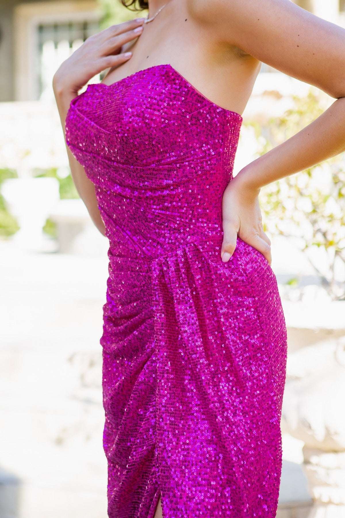 Strapless Sequin Gown with Ruched Draping and Slit - 8052J