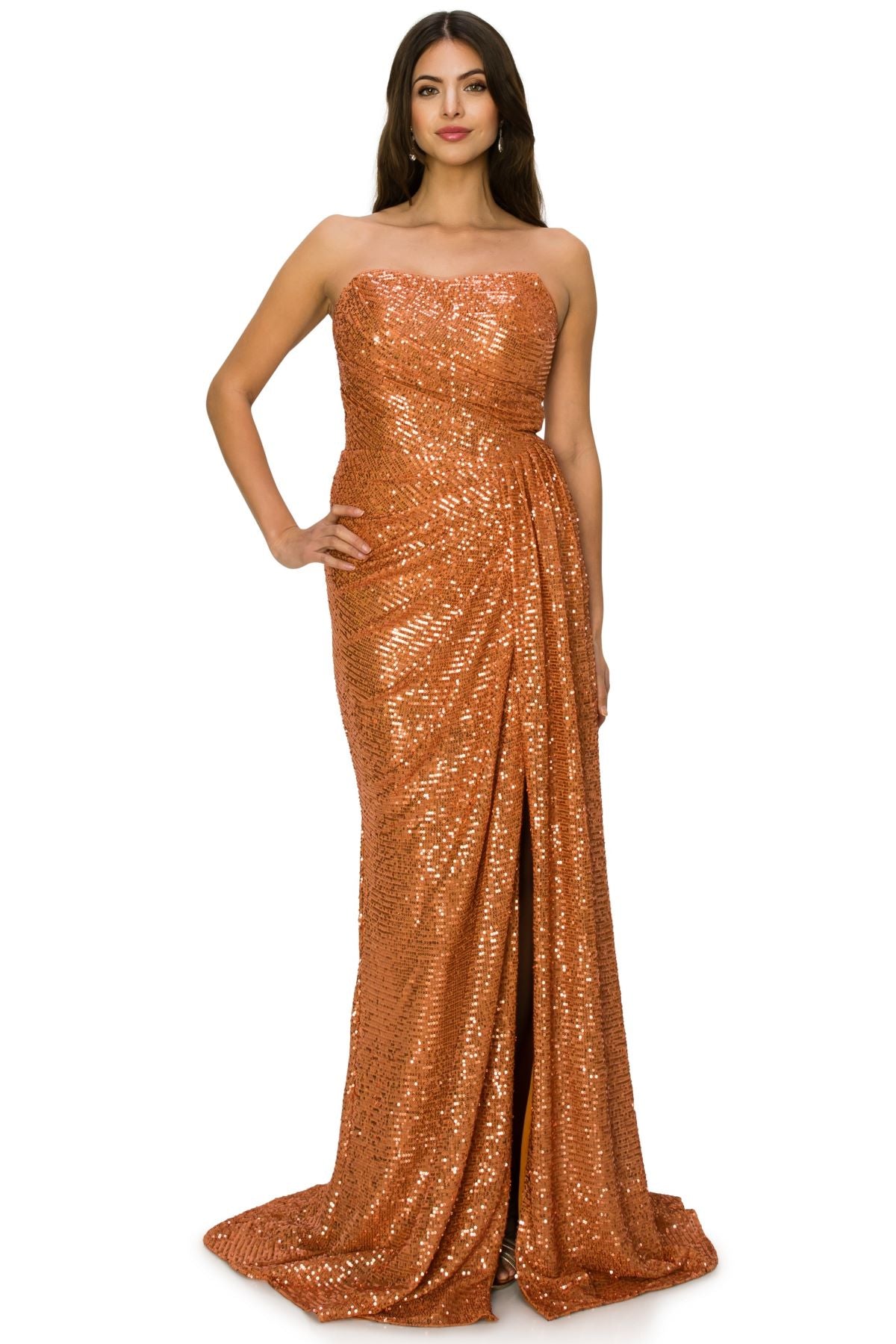 Strapless Sequin Gown with Ruched Draping and Slit - 8052J