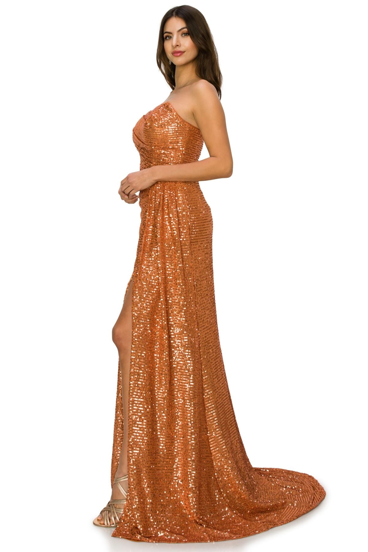 Strapless Sequin Gown with Ruched Draping and Slit - 8052J
