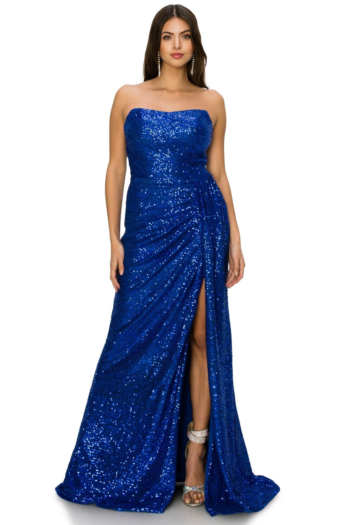 Strapless Sequin Gown with Ruched Draping and Slit - 8052J