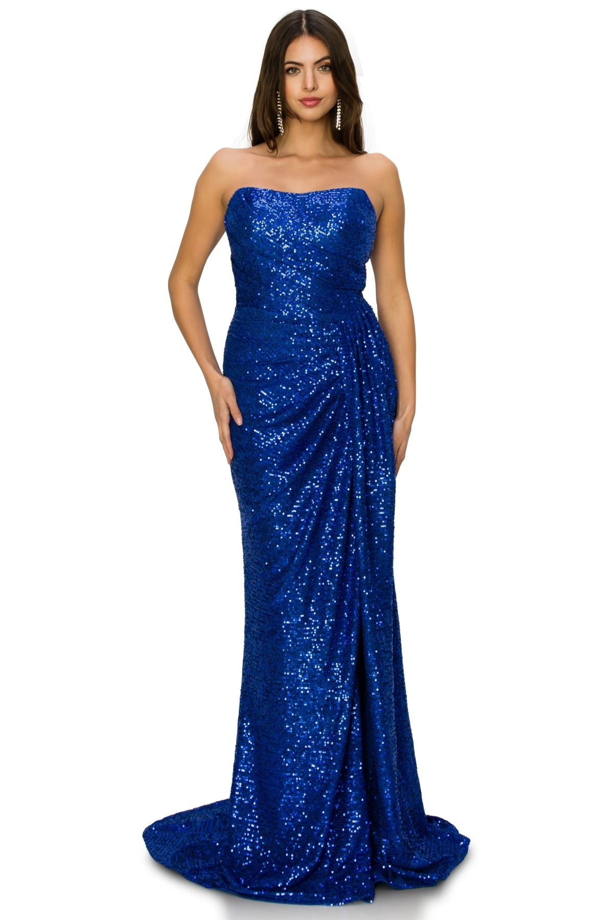 Strapless Sequin Gown with Ruched Draping and Slit - 8052J