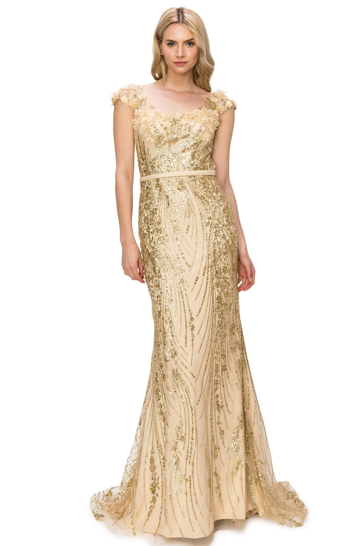 Sequin 3D Flowers Adorned with Glitter Column Dress - 8057J