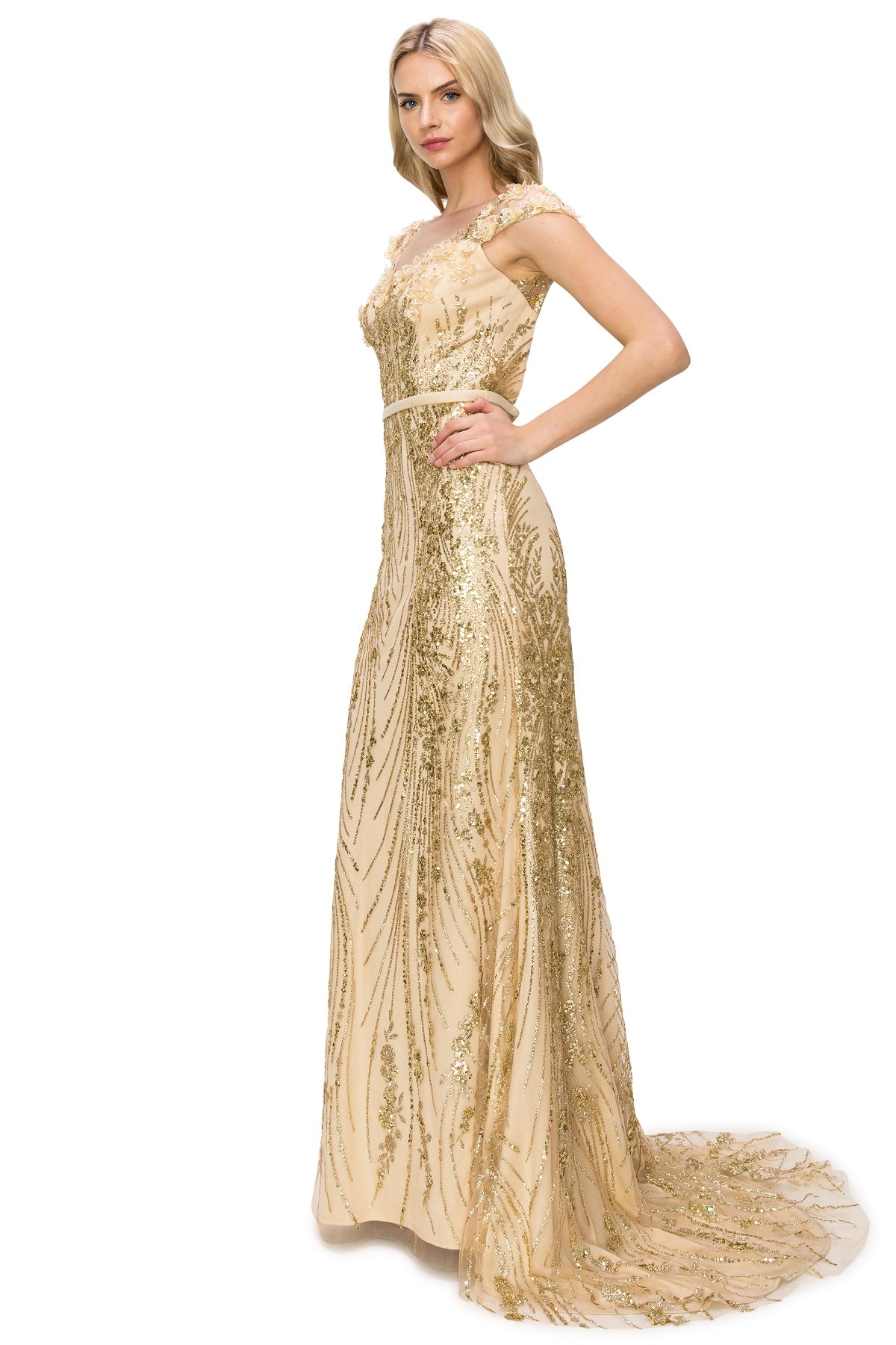 Sequin 3D Flowers Adorned with Glitter Column Dress - 8057J