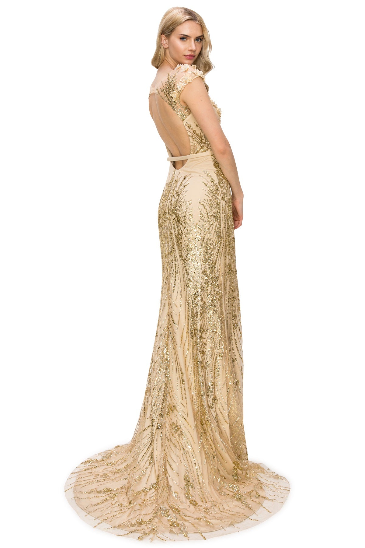 Sequin 3D Flowers Adorned with Glitter Column Dress - 8057J