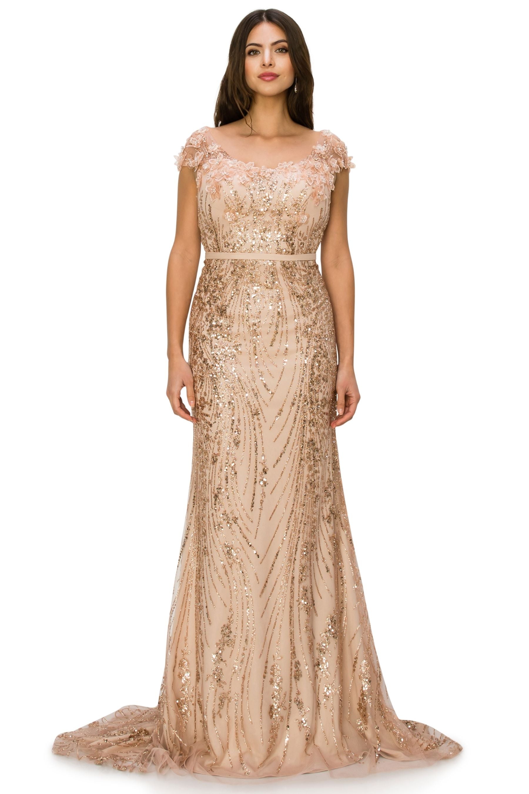 Sequin 3D Flowers Adorned with Glitter Column Dress - 8057J