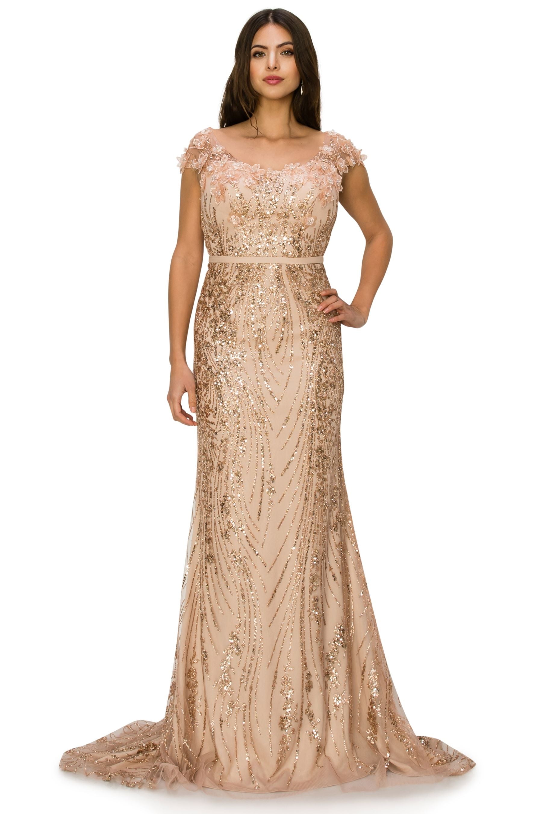Sequin 3D Flowers Adorned with Glitter Column Dress - 8057J