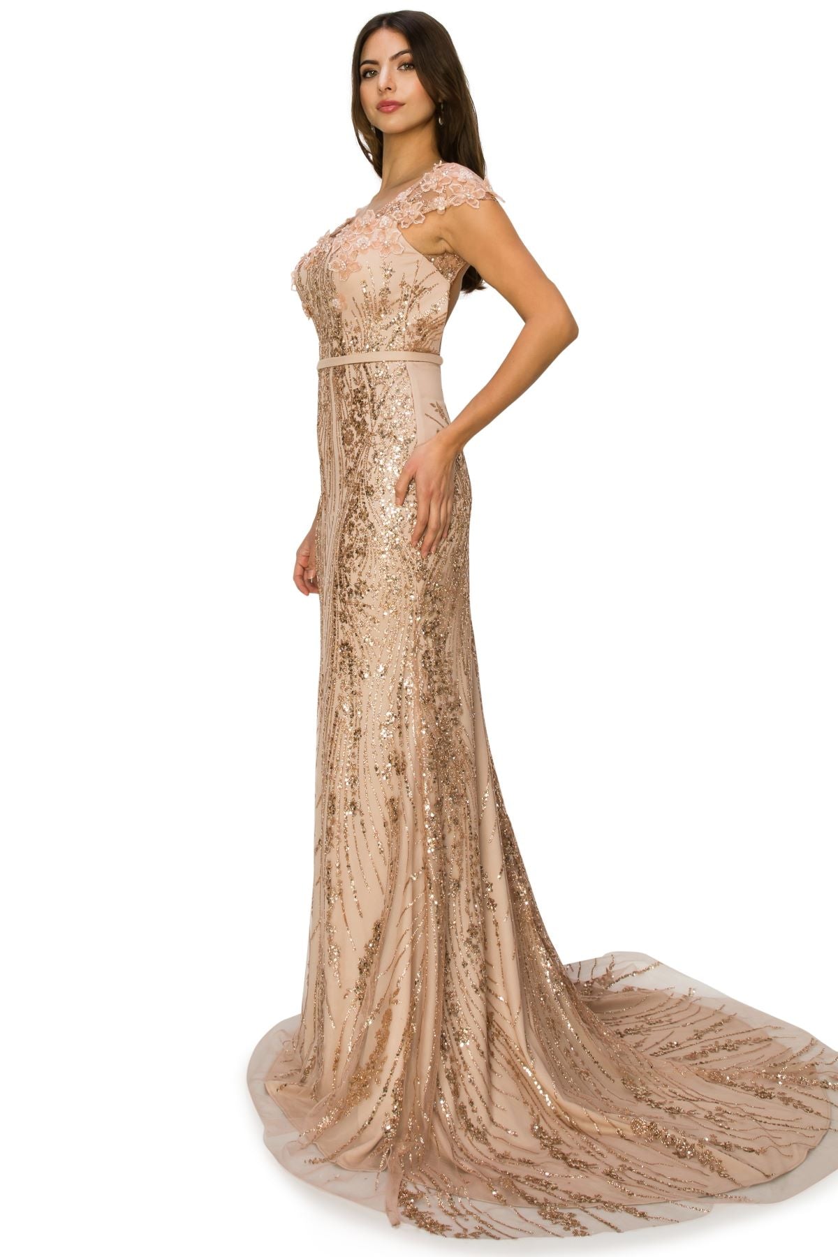 Sequin 3D Flowers Adorned with Glitter Column Dress - 8057J